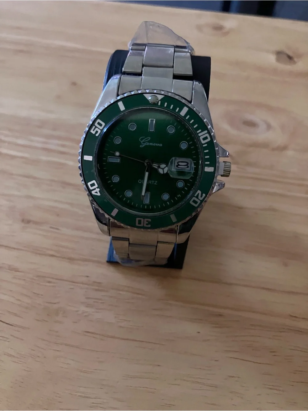 Geneva Men's Watch with Green Dial and Silver Bracelet